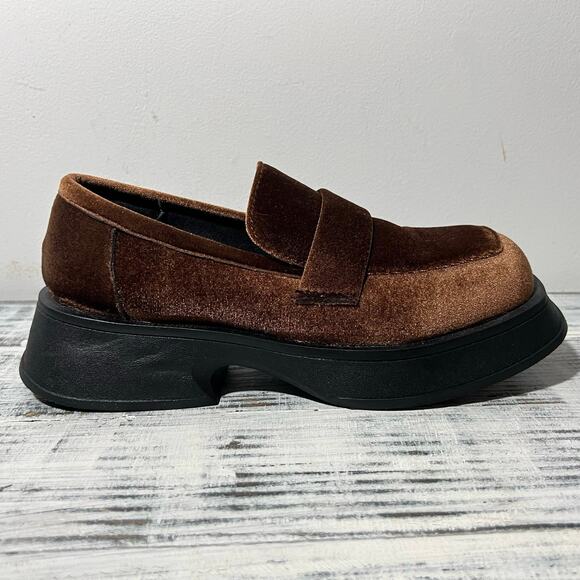 Maka Show Chunky Heel Platform Loafers Women’s Sz 40(9-9.5) Brown Velvet  Fabric - Picture 1 of 10